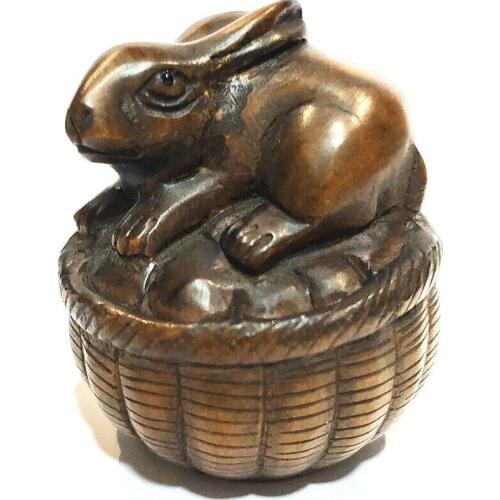 Y7479 - 2" Hand Carved Japanese Boxwood Netsuke Figurine Carving : Rabbit on Basket
