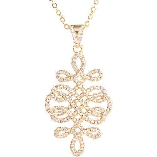 Jewelry Clear Zircon Chinese Knot Charm Necklace For Women Accessories Micro Pave Hollow Flower Pendant Necklaces For Wedding
