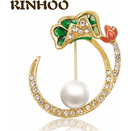 RINHOO Summer Hot Sale Lotus Leaves Brooch Pins Women Men Pearl Pendant Rhinestone Flower Water Plant Brooch 2021 Jewelry Gift