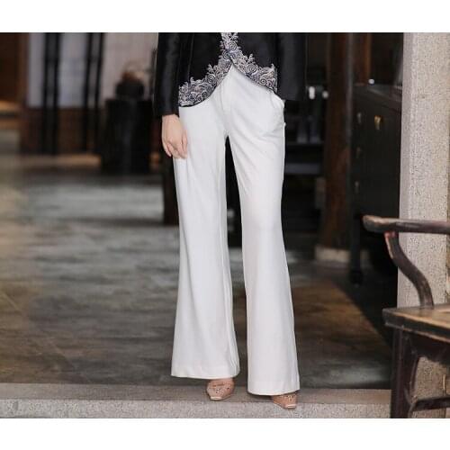 Xxl Womens Pant 2021 Autumn Spring Long Pant Female Elastic Waist Floral Embroidery Deco Full Length White Black Wide Leg Pant