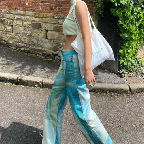2021 Fashion Y2K Street Style Print Straight Pants Women High Waist Loose Wide Leg Pants Holiday Casual Trousers Streetwear