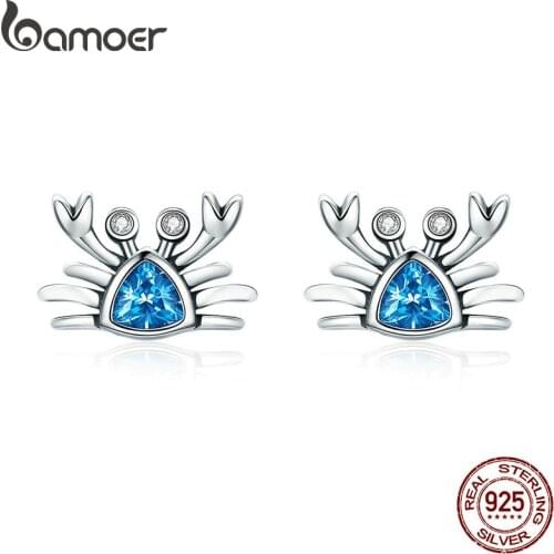 BAMOER 100% 925 Sterling Silver Cute Ocean Crab Small Blue CZ Stud Earrings for Women Fashion Earrings Jewelry Gift S925 SCE413
