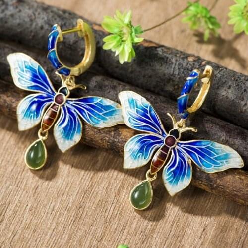 Cloisonne 925 Sterling Silver Drop Earrings Long Tibetan Silver Women Drop Earring S925 Cloisonne Butterfly Ladies Drop Earrings