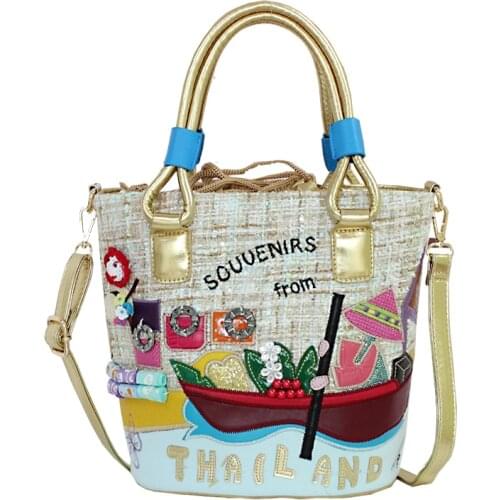 Embroidered Handmade Women Handbags Bag Designer Panelled Drawstring Shoulder Tote Bag Female Crossbody Canvas Bucket Bag