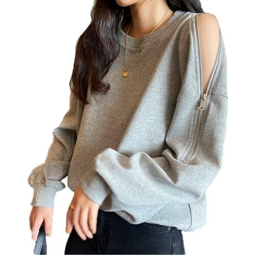 2021 Spring Autumn Women Jumper Casual Loose Zipper Hollow Out Shoulder O Neck Hoodies Solid Street Fashion Sexy Sweatershirt