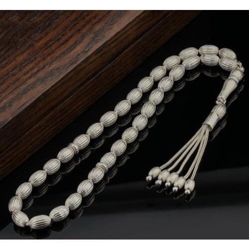 925 Sterling Silver Rosary with Barley Cutting and Line Pattern Natural Stone Beads Middle East Prayer Islamic Muslim Tasbih