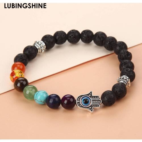 Natural Lava stone beads Healing 7 Chakra Bracelet Evil eye Charm Bracelets Bead Tibetan Buddha Prayer Bracelet for women men