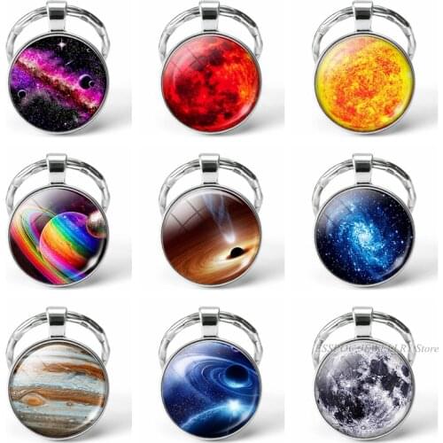 Planet Keychain Fashion Glass Cabochon Jewelry Universe Nebula Galaxy Pendant Earth Moon Stars Key Chain Men Women Gifts