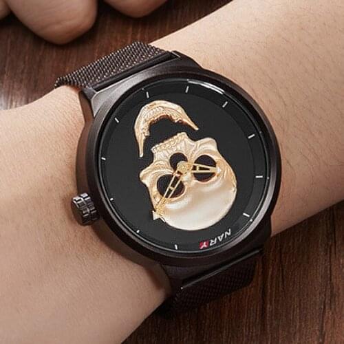 2021 Unique Big Dial Skull Watches Men Black Steel Mesh Band Quartz Wristwatches Casual Sports Mens Watches Relogio Masculino