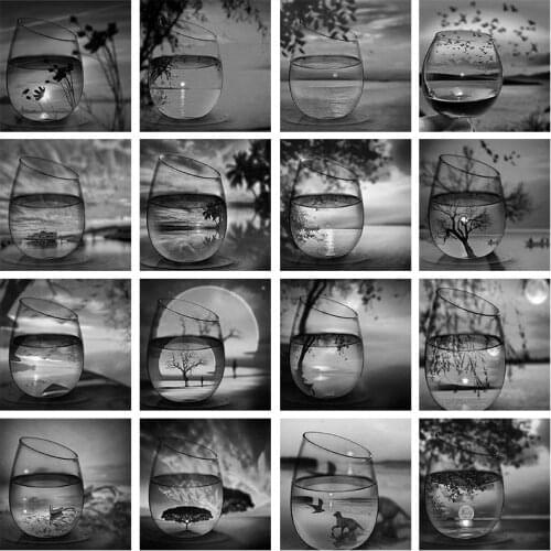 Black White Glass Scenery 5D DIY Diamond Embroidery Cross Stitch Sunset Bottle Landscape Mosaic Embroidery Full Drill Room Decor