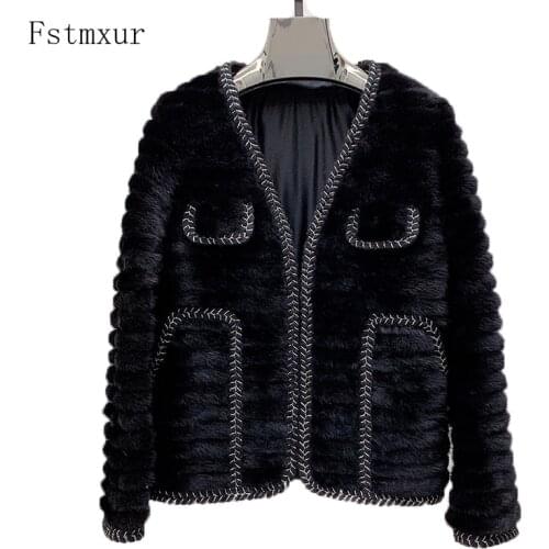 Fstmxur 2021 Winter Imports Velvt Mink Fur Coat Womens Full Sleeve V-Neck With Pockets Striped Soft Short Soft Mink Fur Coats