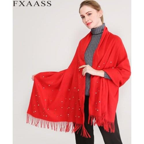 FXAASS New Autumn/Winter Woolen Shawl Fashion Women Large Scarf Luxury Tassel Cashmere Scarves Pearl Solid Pashmina Wholesale