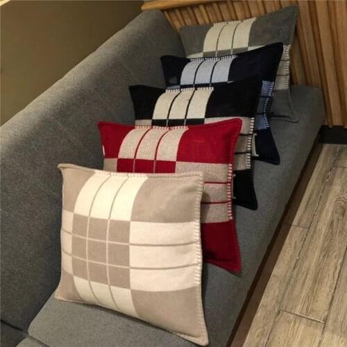 Cashmere Plaid Shawl H Pillow , European high-end quality H letter warm air conditioning sofa wool thick blanket Cushion