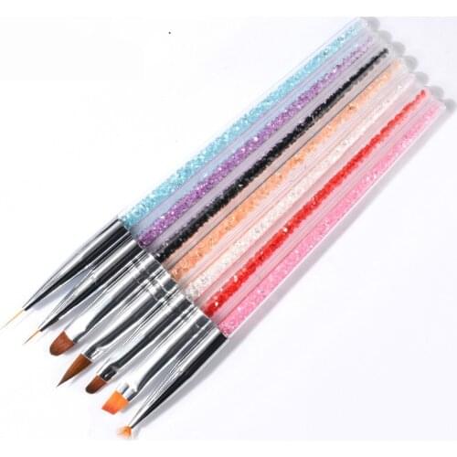 7pcs/set Colorful Rhinestones Handle Nail Art Brush For Drawing Carving Liner Painting Pens Multifunction Manicure Brushes Kits