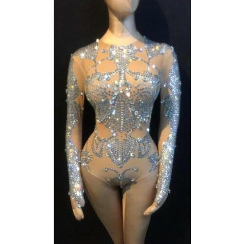 Sexy Rhinestones Bodysuit Elastic Nude Crystal Pole Dance Leotard Women Nightclub Party Performance Jumpsuit Outfit Stage Wear