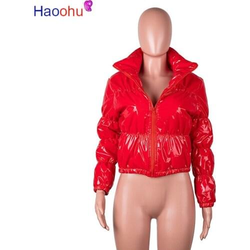 HAOOHU Bright PU Leather Bubble Coat Winter Clothes Women Fashion Cropped Puffer Jacket Long Sleeve Warm Parkas Streetwear Coats