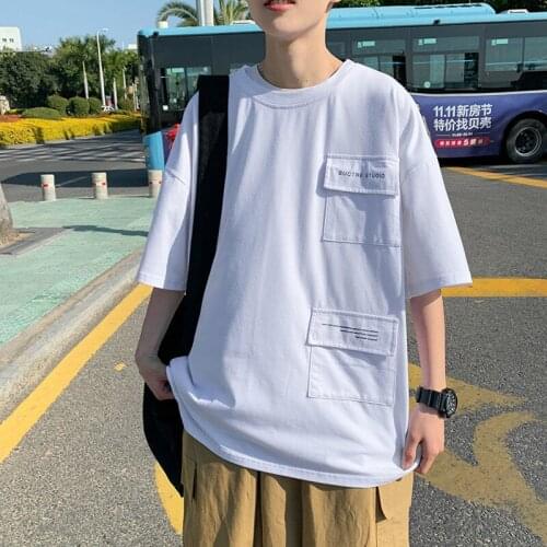 Fashion Harajuku Creative Pocket Funny T-Shirt 2021 New Simple Style Short Sleeve Mens T-shirt Hip Hop Casual Loose Streetwear