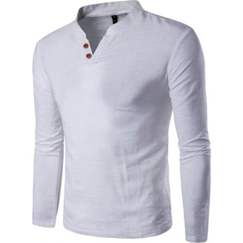 2021 New Fashion Men Shirt V Neck T-shirt Solid Color Chinese Style Summer Stand Collar Long Sleeve T-shirt Streetwear