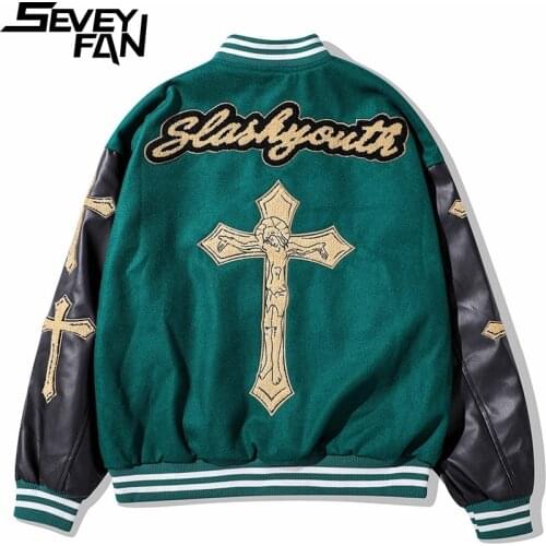 SEVEYFAN Mens Retro Towel Cross Embroidery Jacket Hip Hop PU Leather Patchwork Baseball Coat Streetwear for Couples