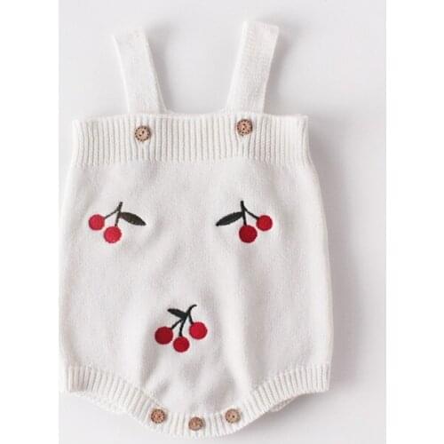 Soft breathable newborn baby girls romper fall cotton knitted cheery embroidery suspender jumpsuit infant kids bodysuit baby one