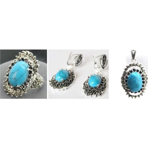 Vintage Blue Turquoises 925 Sterling Marcasite Ring (#7-10) pendant and earrings sets