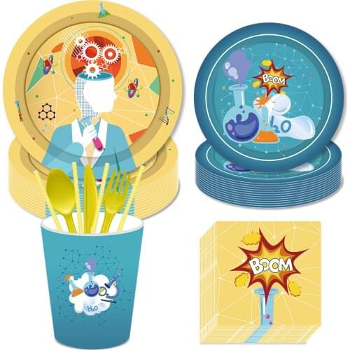 Baby Showe Scientist Laboratory Tableware Sets Kids Happy Birthday Party Decoration Disposable Dinner Dessert Plates Party Favor