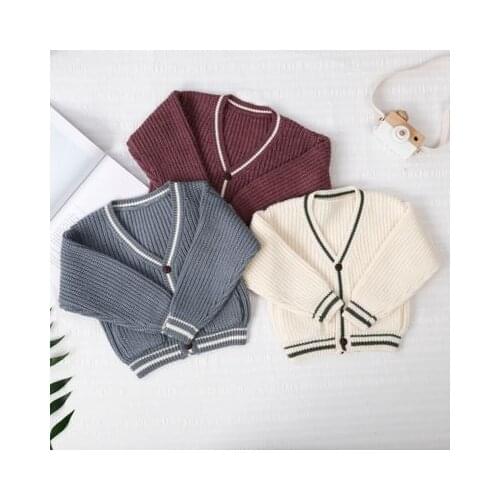 Autumn Spring Kids Stripe V-neck Knitted Coats Boys Girls Pure Color Sweater Children Baby Solid Long Sleeve Outerwear 18M 2-5Y