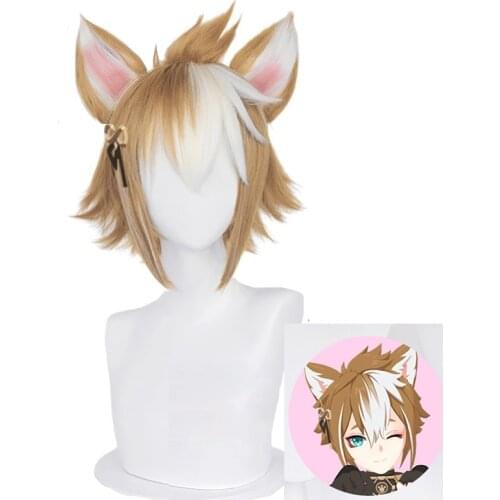 Game Genshin Impact Gorou Short Brown White Wig with Ears Synthetic Hair Wig Gorou Halloween Party Carnival Role Play Wig