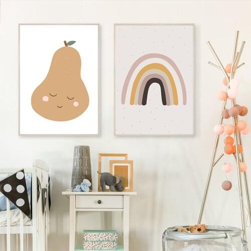 Boho Style Print Cartoon Pear Poster Rainbow Art Canvas Painting Wall Art Nursery Decorative Picture for Nordic Kids Room