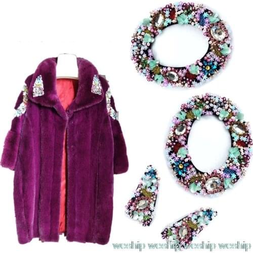 Handmade Sequins beaded Embroidery patch Rhinestone nail bead 3D flowers lace patch for Fur coat wedding dress DIY