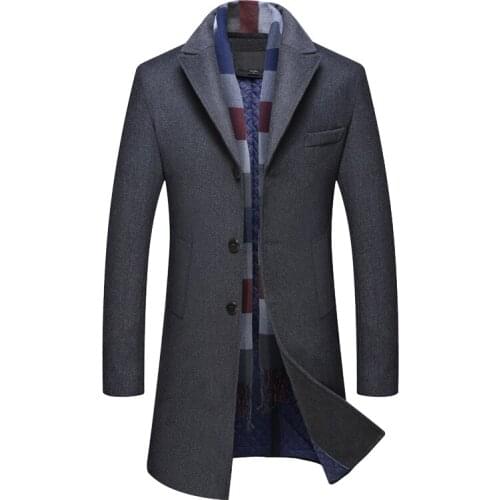 New Winter Mens Woolen Trench Coats Single Breasted Man Overcoat Thick Woolen Jacket Mid Long Warm Outwear No Scarf