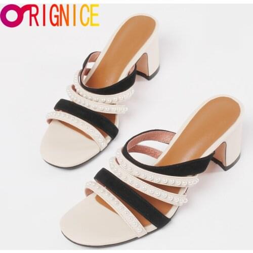 Orignice New Fashion Pearl Gladiator Sandals Slipper Women Slides Summer Outdoor Flip Flops Slip On Round Toe Banquet Prom Shoes