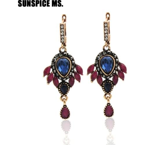 SUNSPICE MS. Vintage Earrings For Women Blue Resin Hook Dangle Earring Turkish Ethnic Bridal Bijoux Indian Jewlery Festival Gift