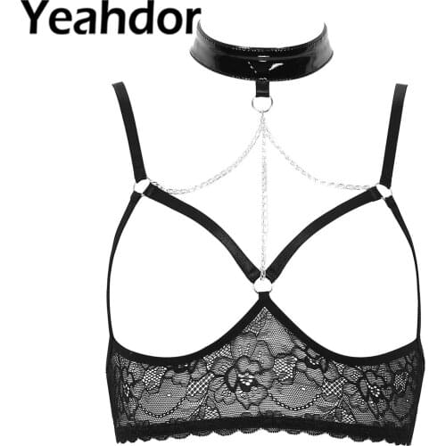 Womens See Through Sheer Lace Lingerie Bra Tops Halter Neck Adjustable Spaghetti Shoulder Straps Sexy Open Cup Wirefree Bralette