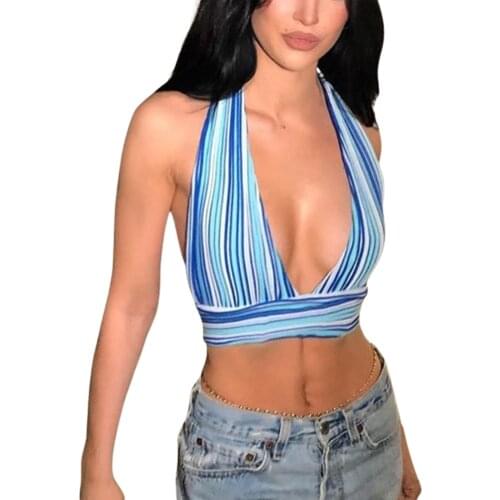 Women Halter Crop Top, Adults Sexy Sleeveless Tie Up Striped V-Neck Tops (Pink, Blue)