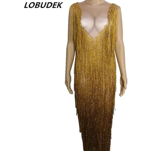 High Quality Women Gold Tassels Long Dress Sparkly Crystals Leotard Dresses Sexy Nightclub DJ Singer Stage Costume Party Clothes