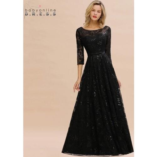 New Arrival 2020 Black Lace Long Evening Dress A-line Sequins Evening Gowns 3/4 Sleeves Fomal Gowns Robe de Soiree Longue