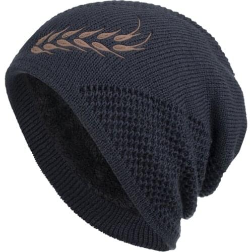 Winter New Beanie Hat Men Plush Windproof Hedging Cap Casual Kintted Warm Wheat Ears Print Male Woolen Hat