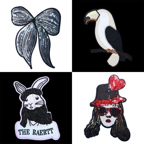 1 PCS Large Sequin Cartoon Character Bird Rabbit Bow Fashion Girl Mixed Patch Sewing Decal DIY Badge Embroidery Badge