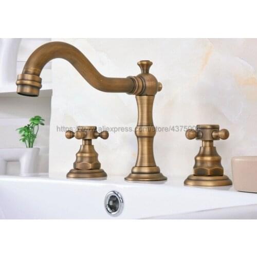 Bathroom Antique Brass Mixer Faucet Two Handles 3 Hole Basin Sink Hot Cold Water Taps Nan074