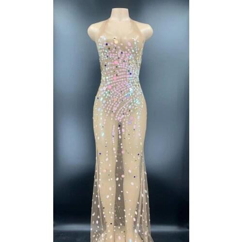 Shining Rhinestone Sequin Mesh Perspective Party Long Dress Women Sexy Halter Evening Prom Gown Birthday Dress Singer Stage Wear