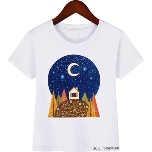 Kawaii Kids T-shirt Funny Moonlight House Print Girl T Shirt Cute Cartoon Boys and Girls Suitable for Summer Tops Vogue Children