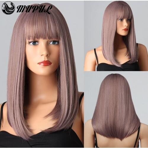 Long Straight Purple Cosplay Natural Synthetic Wigs For White Women With Bangs Heat Resistant Daily Fiber Hair Female Party Wig