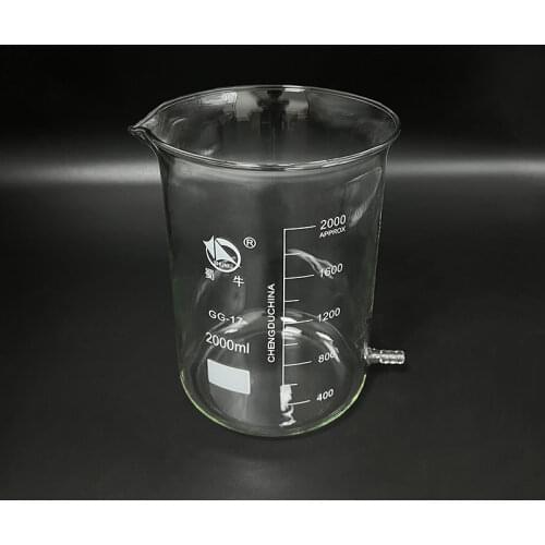 Beaker in low form with Lower tube,Capacity 2000ml,Beaker with tubules,Outer diameter=130mm,Height=185mm,Laboratory beaker