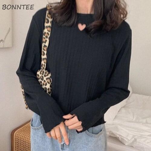 T-shirts Women Long Sleeve Spring Various Color Heart-hole Casual Solid Baggy Tops Streetwear Harajuku All-match Korean Style