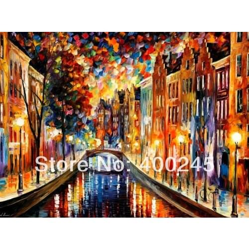 Gift Oil painting street Modern Art Painting Landscape on Canvas AMSTERDAM NIGHT CANAL High quality 100%Hand painted Free Ship