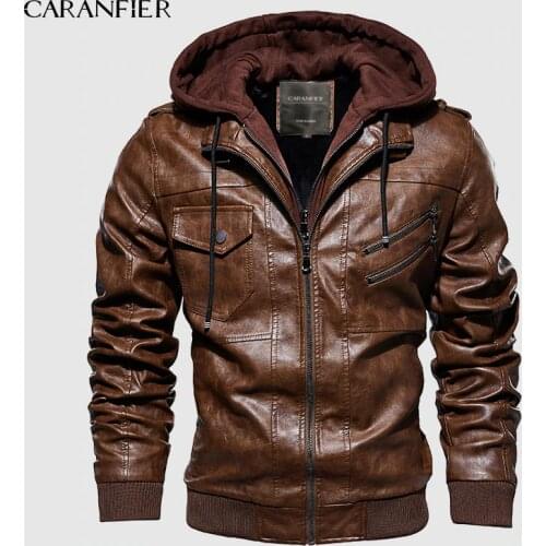 CARANFIER Mens Leather Jacket Hooded Motorcycle PU Jacket Men Retro fashion Oblique Zipper Autumn Winter Leather Jackets Coat