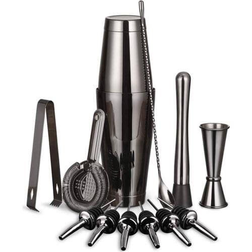 Cocktail Shaker Bar Set: 2 Weighted Boston Shakers,Cocktail Strainer, Jigger,Muddler and Spoon, Ice Tong and 6 Bottle Pourer