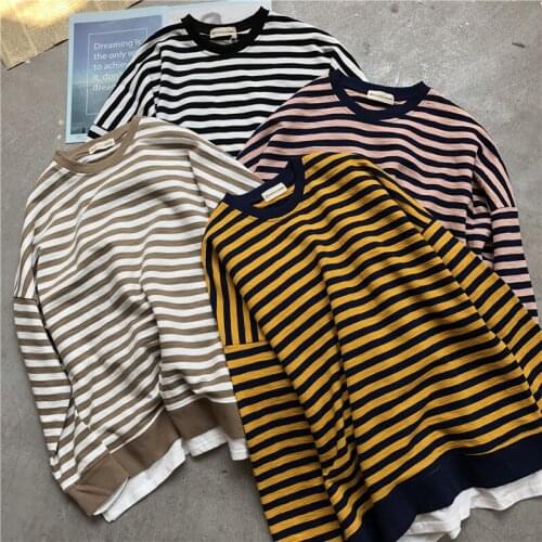 New Spring Autumn Casual Fake two piece Striped Sweatshirts Women O-Neck Patchwork Loose Sweatshirt All-Match Pullover Tops M467