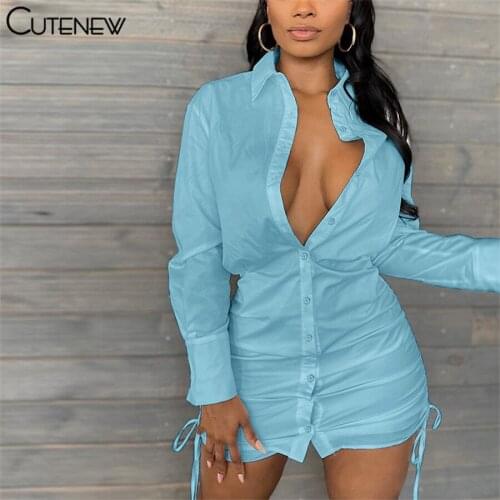 Cutenew Solid Slim Single-Breasted Turn-Down Collar Side Drawstring Shirt Dress Women Fashion Casual Long Sleeve Lady Streetwear